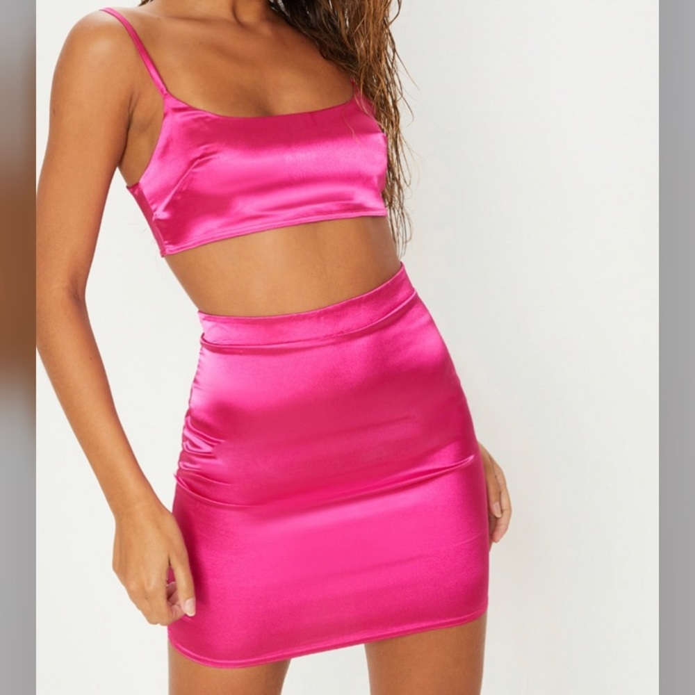 Pink silky 2 piece skirt set